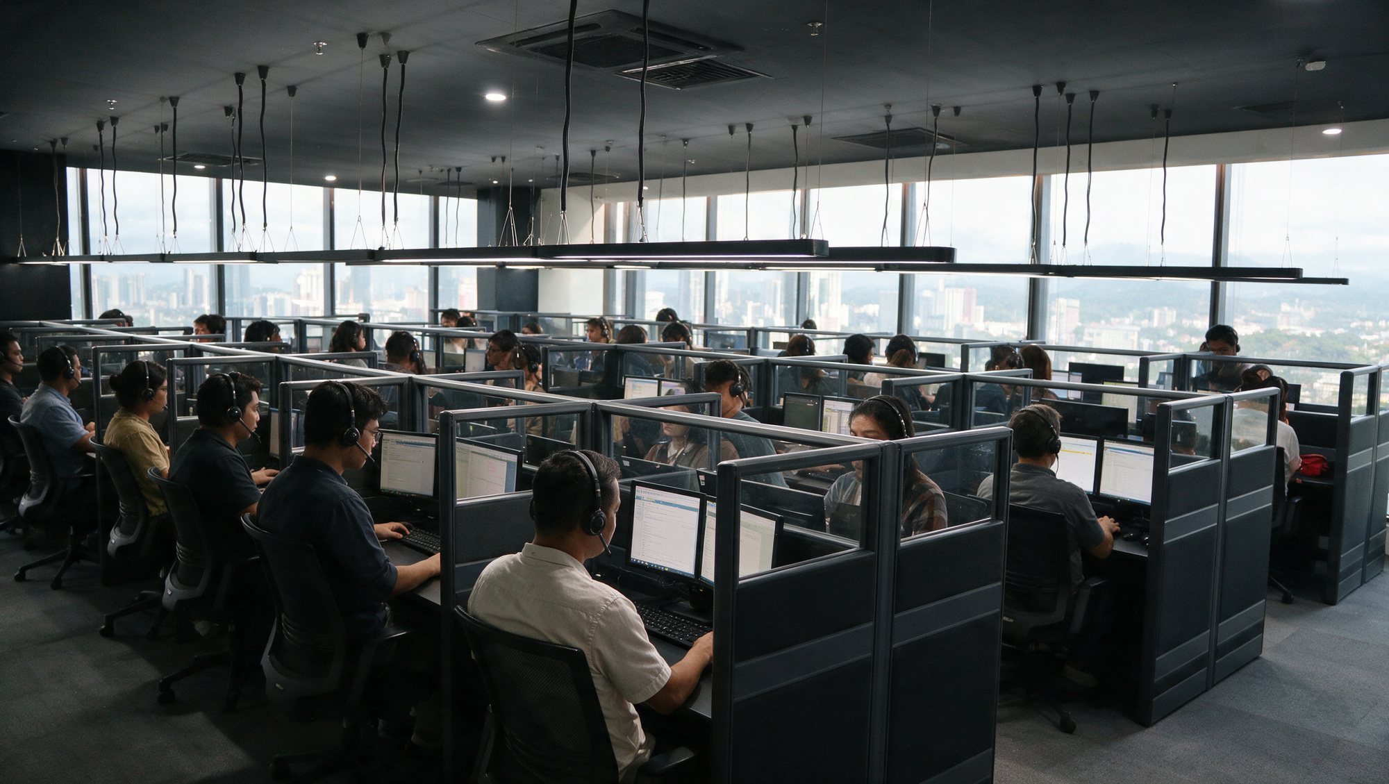 Support specialists at work on an operations floor, with the Kuala Lumpur skyline beyond.